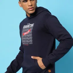 Campus Sutra Blue Cotton Regular Fit Printed Hooded Sweatshirt-picture-22