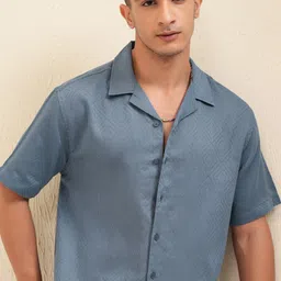 HIGHLANDER Men Cuban Collar Textured Cotton Relaxed Fit Casual Shirt-picture-17