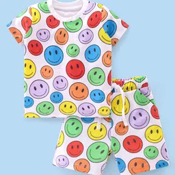 Babyhug Cotton Knit Half Sleeves Night Suit With Smiley Print - White-picture-27