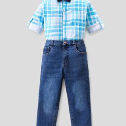Ollington St. 100% Cotton Full Sleeves Checkered Shirt & Jeans Party Wear Set with Bow - White & Indigo Blue-picture-36