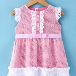 ToffyHouse Frill Sleeves  A Line Honeycomb Textured Fabric Party Frock with Frill Detailing - Pink-picture-16