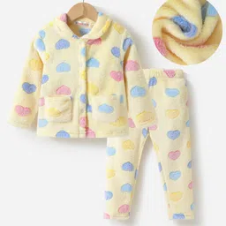 Kookie Kids Full Sleeves Collared Winter Wear Night Suit with Hearts Design - Yellow-picture-23