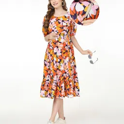 Bella Mama Woven Ballon Sleeves Flower Printed Maternity Dress With Pocket - Multicolor-image-63