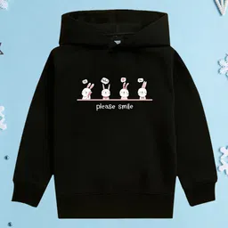 NUSYL Fleece Full Sleeves Bunnies & Please Smile Text Printed Hoodie - Black-picture-28
