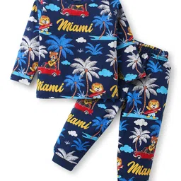 Babyhug Cotton Knit Full Sleeves Co-ords Night Suit with Beach Theme Print - Navy Blue-picture-31