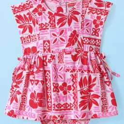 Babyhug 100% Cotton Knit Half Sleeves Frock Style Onesie with Tropical Theme Print - Red-picture-12