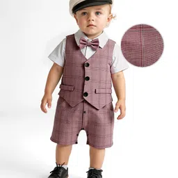 Mark & Mia Woven Half Sleeves Checks Party Romper With Attached Waistcoat & Bow - Pink-picture-23