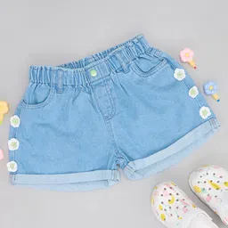 Pantaloons Junior Cotton Denim Floral Crcochet Embellished Shorts - Blue-image-33