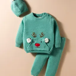 Yellow Apple Knit Full Sleeves Pullover Sweater Set with Cap & Deer Embroidery - Mint-picture-14