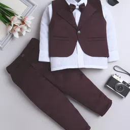 Fourfolds Woven Full Sleeves Solid 3 Piece Party Suit Set With Bow - Wine-picture-15