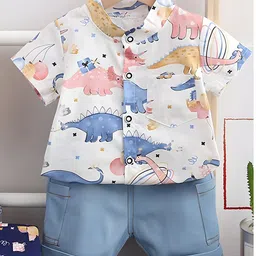Googo Gaaga Cotton Knit Half Sleeves Dinosaurs Printed Mandarin Collar Shirt & Shorts Set - Pink-image-9