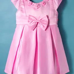 Tweetoons Woven Cap Sleeves Party Dress with Bow & Floral Applique - Pink-image-15