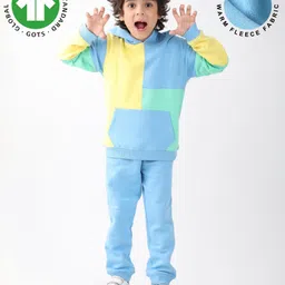 Anthrilo Fleece Knit Full Sleeves Colour Blocked Winter Hooded Sweatshirt With Joggers Set - Yellow & Sea Green-picture-15