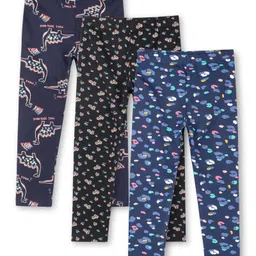 Ariel Cotton Knit Pack Of 3 Dinosaur & Floral Printed Leggings - Navy Blue Black & Blue-picture-35