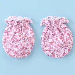 Ben Benny 100% Cotton Knit Mitten & Booties Set Solid & Floral Print Pack of 2- Pink & White image 2