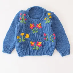 Woonie Full Sleeves Hand Knitted Floral Embroidered Sweater - Blue image 4