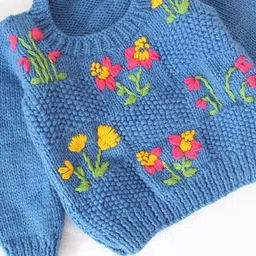 Woonie Full Sleeves Hand Knitted Floral Embroidered Sweater - Blue image 5