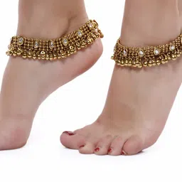 Shining Diva Set Of 2 Gold-Plated White Kundan-Studded Anklets image 3