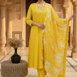FIDHARA Embroidered Pleated Thread Work Pure Silk A-Line Kurta With Trousers & Dupatta image 2