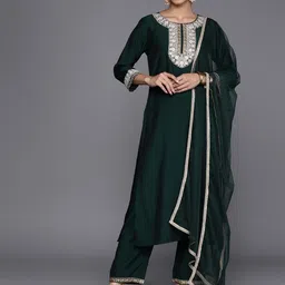 Libas Floral Yoke Design Regular Thread Work Kurta With Trousers & Dupatta image 4