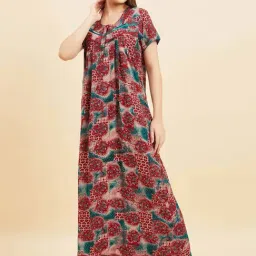 Sweet Dreams Green & Brown Cotton Printed Night Gown-image-90