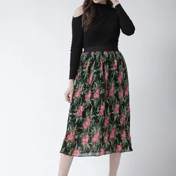 KASSUALLY Women Black & Red Floral Printed Pleated A-Line Midi Skirt image 4
