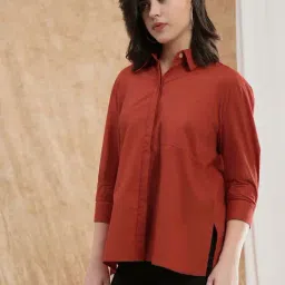 Globus Women Red Spread Collar Cuffed Sleeve Patch Pocket High-Low Hem Oversized Shirt-picture-34