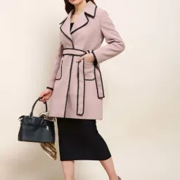 Globus Women Pink Solid Notched Lapel Embroidered Detail Knee Length Belted Winterwear Overcoat-picture-12