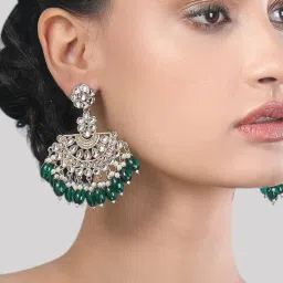 Auraa Trends Antique Gold-Plated Kundan Chandbali Earrings With Green Beads And Pearls-image-67