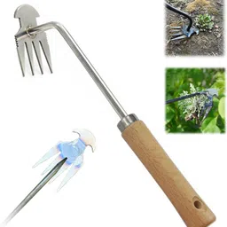 REDBUILD® Garden Weeding Tool with Wooden Handle || Weeder Hand Tool 4 Claws || High Carbon Steel || Manual Weed Puller for Lawn and Garden || Gardening Tools || Weed Removal Tool (Stainless Steel) image 1