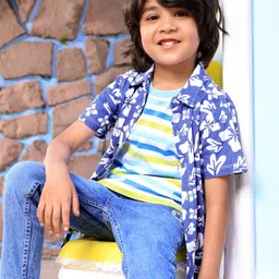 Babyhug Cotton Half Sleeves Knit Boys Shirt Floral Print - Blue-picture-15