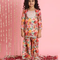 READIPRINT Three Fourth Sleeves Water Colour Effect Floral Printed & Gota Lace Embellished Kurta & Sharara - Orange-picture-31