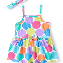 Babyhug 100% Cotton Knit Sleeveless Polka Dots Printed Frock Style Onesies With Hairband - Multicolour-picture-9