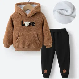 Kookie Kids Full Sleeves Hooded Winter Wear Suit With Kangaroo Pocket & 3D Applique - Brown-image-41