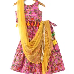lil' drama Lil Drama  Sleeveless Floral Printed Top Lehenga With Net Dupatta Set - Purple-picture-19
