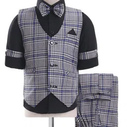 Rikidoos Full Sleeves Solid Shirt With Checked Waistcoat Pant & Bow Set - Black & Melange-picture-18