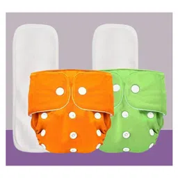 The Cheeky Kidzz Baby 2 Reusable Pocket Style Cotton Cloth Diapers With 2 Microfiber Bamboo White Insert Pads (0-24 Months) (Orange & Green)-picture-22