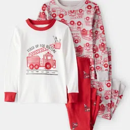 Carter's Knit Full Sleeves Co-ord Night Suits With Vehicle Print Pack of 2 - Red image 1