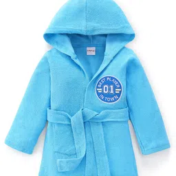 Babyhug Terry Cotton Knit Full Sleeves Bathrobe with Hood & Best Player In Town Embroidery - Light Blue-image-19