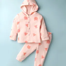 Pink Rabbit Fleece Knit Full Sleeves Hooded Co-ords Winter Night Suit with Triangle Print - Peach-picture-33