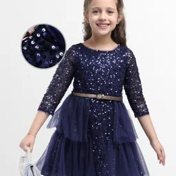 Hola Bonita Knit Full Sleeves Glitter Mesh Party Dress With Sequin Detailing & Belt - Navy Blue-picture-37