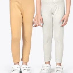 Ariel Cotton Knit Pack Of 2 Solid Non Transparent Leggings - Beige & Off White-picture-19