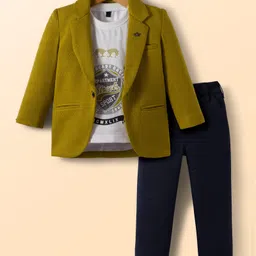 Dapper Dudes Street Sports Text Printed Tee & Trousers With Full Sleeves Blazer Set - Olive-image-95