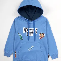 Kiddopanti Fleece Knit Full Sleeves New York City Text Printed Hooded Light Winter Sweatshirt - Dusty Blue-image-0
