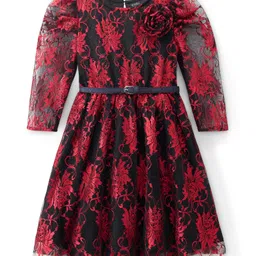 Hola Bonita Knit Three Fourth Sleeves Lace Shimmer Party Dress With Floral Applique & Belt - Red-picture-26