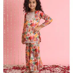 READIPRINT Three Fourth Sleeves Water Colour Effect Floral Printed & Gota Lace Embellished Kurta & Sharara - Orange image 3