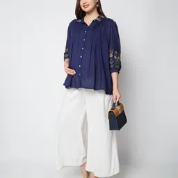 Bella Mama Woven Three Forth Sleeves Maternity Top with Floral Embroidered Collar & Sleeves - Navy Blue image 3