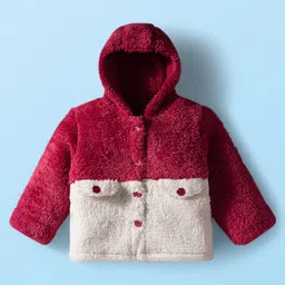 Babyhug Fur Knit Full Sleeves Hooded Color Block Winter Wear T-Shirt & Lounge Pant Set With Polka Dot Design - White & Wine image 2