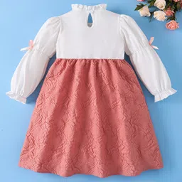 Mark & Mia Cotton Full Sleeves Winter Frock With Floral Embossed Textured With Bow Applique - Pink & White image 2