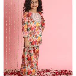 READIPRINT Three Fourth Sleeves Water Colour Effect Floral Printed & Gota Lace Embellished Kurta & Sharara - Orange image 4